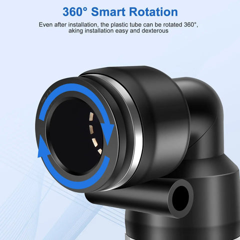 360-degree rotating push to connect pneumatic elbow fitting for half inch tube outer diameter and half inch NPT thread.