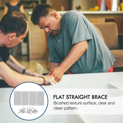 Two people installing Six Pack Stainless Steel Flat Mending Plates For Furniture Repair And Corner Joining, Lightweight Yet Heavy Duty Load Bearing Brackets For Shelves, Cabinets, And Tables, Easy Install DIY Reinforcement on furniture