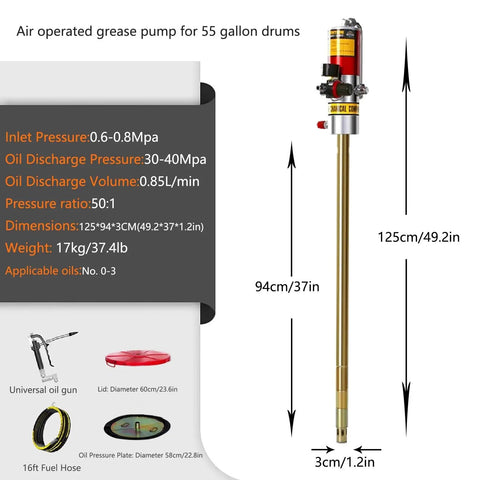 Heavy Duty Pneumatic Grease Pump For 55 Gallon Drums With Universal Cap And 16 Ft Explosion Proof Hose, dimensions marked.