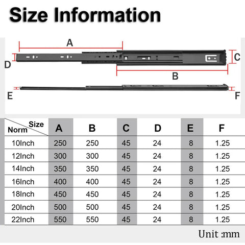 Heavy Duty Ball Bearing Drawer Slides Smooth As Butter Silent Push Pull Cabinet Runners Side Mount Telescopic Rail 16 Inch steel size chart