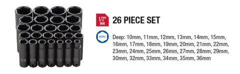26-Piece Half Inch Drive Deep Impact Socket Set Metric 10mm To 36mm In Cr-Mo Alloy Steel Radius Corner Design