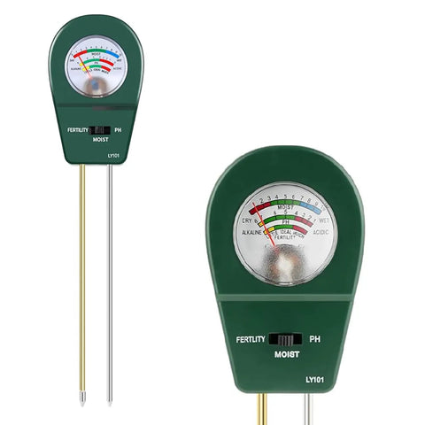 3-In-1 Soil Moisture Meter pH And Fertility Tester for indoor and outdoor plants with two metallic probes, green unit close-up