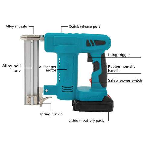 Top Shelf Cordless Brad Nailer 100W Copper Motor Shoots Smooth At 80 Nails Per Minute Rust Resistant Tip showing features like firing trigger and battery pack.