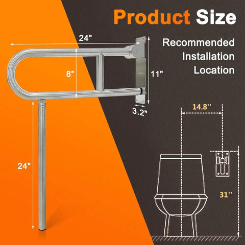 Fold Up 24 Inch Bathroom Grab Bars, Heavy Duty Stainless Steel Safety Rails For Shower Tub And Toilet, installation size guide