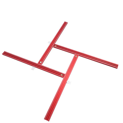 Slick Adjustable Aluminum Router Template Guide Rail System for No Sweat Curved Trimming, showing red dual measurement rulers.