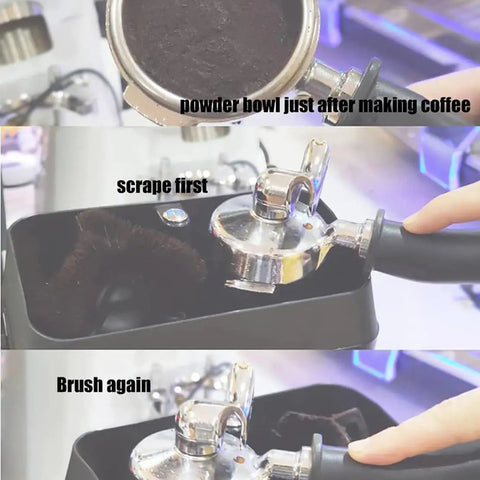 Badass Electric Portafilter Cleaner Knock Box With 150W Motor And Stainless Steel Body For No Sweat Coffee Ground Disposal Including Quick Scraper Tool during use.