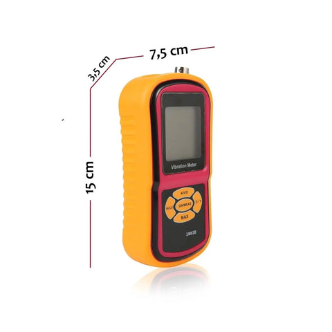 Built-In Probe Vibration Meter With One-Hand Operation For Motors Pumps And Fans Measures Acceleration Velocity And Displacement With No-Fuss Real-Time Readouts On A Large Backlit LCD For Quick Industrial Maintenance And Vibration Analysis, orange handheld with 15 cm height