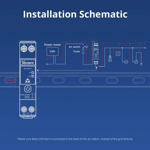 Installation schematic for WiFi DIN Rail Smart Switch for Electrical Panels, 32A High Load, Matter Over WiFi Ready, Easy Home Automation Controller for 35mm DIN Rail, Works With Alexa Google Assistant and More, Ideal for Residential and Commercial Panels.