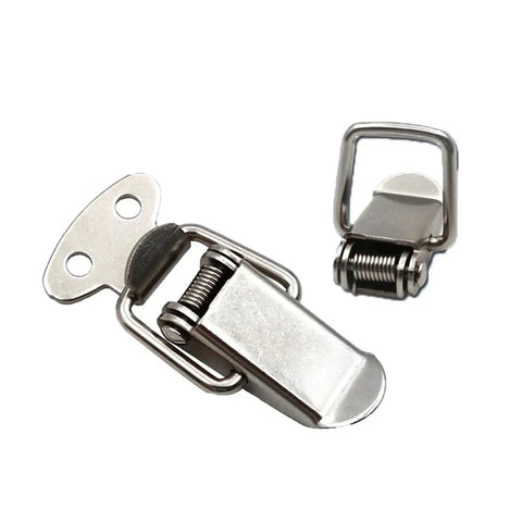 Close-up of 8 Piece Stainless Steel Toggle Hasp Latch Lock Set For Cabinets Boxes Bags And Wooden Chests Beefy Heavy Duty Iron Spring Duckbill Latch