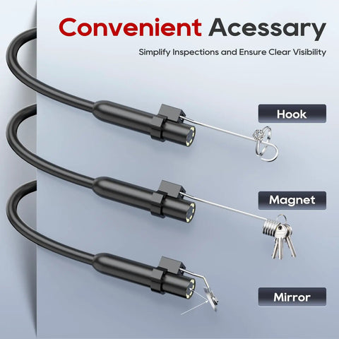 Accessories for Pro-Grade Endoscope Camera With Light For Android And iOS, including hook, magnet, and mirror attachments.