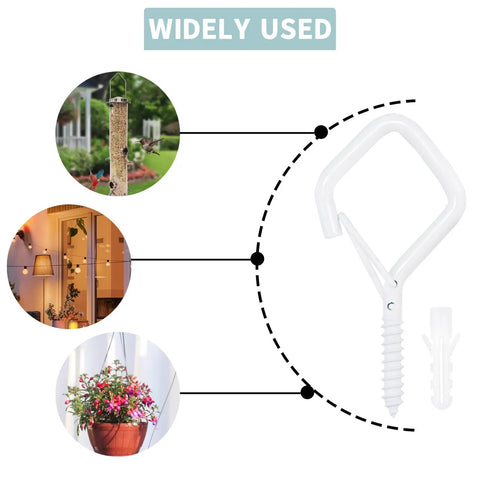 Heavy Duty Eye Screw Hooks With Safety Buckle 35 Piece Set White Metal Ceiling Hooks for plants, lights, chimes, bird feeders installation guide.