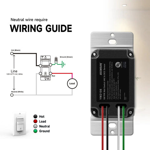 Wiring guide for Ten Pack Occupancy Motion Sensor Light Switch, showing wire connections and UL certification for installation.