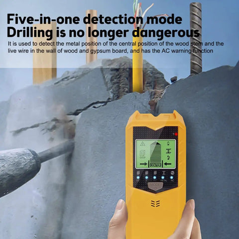 Heavy Duty 5 In 1 Electronic Stud Finder And Wall Scanner With Bright Lcd Display measuring drywall with live wire detection.