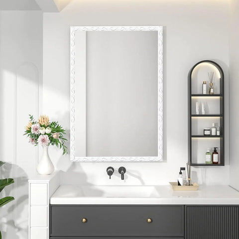 Bathroom mirror framed with Self Adhesive Flexible Molding Trim 16.4 Ft Peel And Stick DIY Crown And Ceiling Molding, white, easy install.