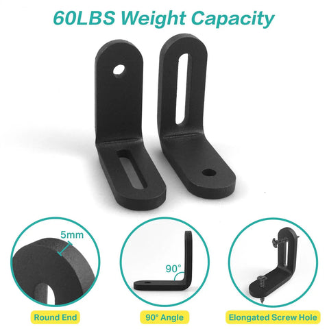Badass Solid Iron L Shelf Brackets 4 Pack Heavy Duty Angle Mount Supports 60 Lbs Each Sandblasted Matte Industrial Wall Bracket Kit showing 90-degree angles and elongated screw holes.