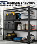 Heavy Duty 4 Tier Metal Storage Shelf With 2240 Lbs Total Capacity Adjustable Free Standing Organizer in a garage setup