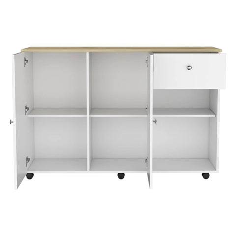 Smooth Rolling Kitchen Island With Locking Casters Ample Drawer Double Door Cabinet Shelving Towel Hook Portable Cart interior view