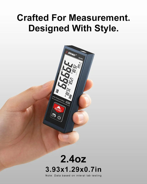 Ultra Compact Laser Distance Meter 196 Ft Range With Jumbo Lcd Screen USB C Rechargeable in hand for indoor measurement.