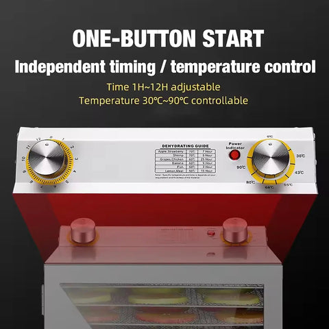 Control panel of Pro Grade Electric Food Dehydrator With 6, 8, Or 12 Layer Racks, 0 to 12 Hour Timer, Temperature Range 35 to 90 C