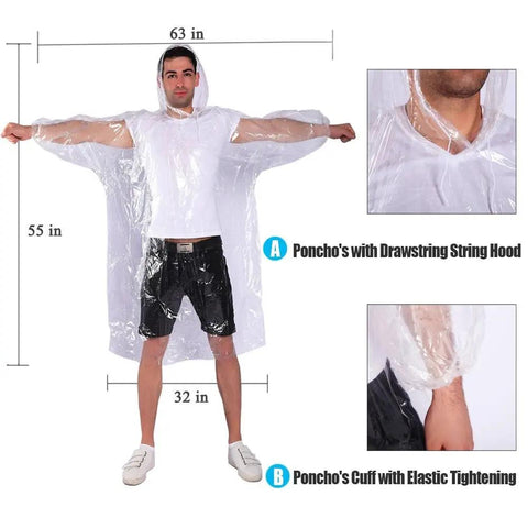 Man wearing Clear Rain Ponchos With Drawstring Hood, 7 Pack Grab And Go Emergency Disposable Rain Gear For Adults, displaying arm width