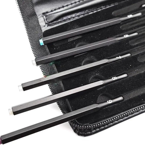 Solid Seven Piece Mohs Hardness Scratch Test Pens For Gemstone Checking Mineral ID, detailed view in black carrying case.