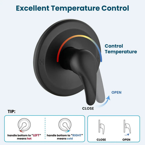 Rock Solid Matte Black Tub And Shower Faucet Set With Internal Valve Six Spray Handheld Head showing temperature control handle.