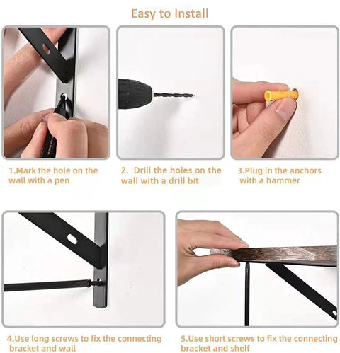 Installation steps for Rock Solid 10 Inch Shelf Brackets 6 Pack with drill, anchors, and screws for DIY floating shelves.