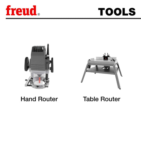 Image showing a hand router and table router by Freud, suitable for use with the 3/4 Inch Double Flute Straight Router Bit Eclipse Grind Red