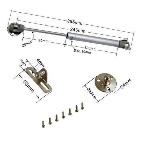 Heavy Duty Gas Struts For Cabinets 4 Pack Soft Close Lid Lift Supports With Brackets And Screws 80N And 150N Options, silver fittings and screws displayed.