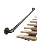 Heavy Duty Badass Wrought Iron Pipe Stair Handrail For Indoor Outdoor Use Rock Solid Wall Mount Banister, bronze finish on wooden stairs.
