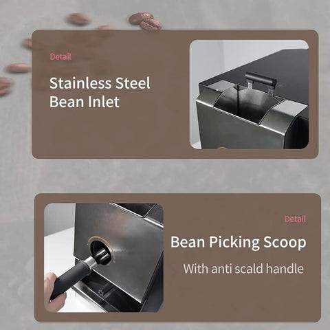 Stainless steel bean inlet and bean picking scoop on Electric Coffee Bean Roaster Makes Mastering Fresh Beans A Breeze With Simple Dual Controls Four Custom Heat Curves Integrated Smoke Vent And Rock Solid Forty Eight Mm Burr Grinder.