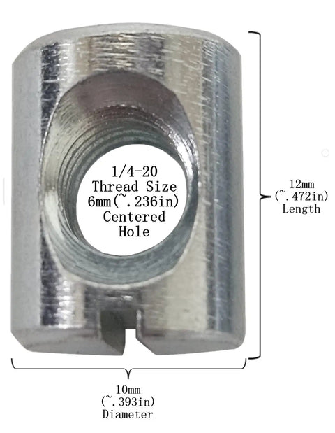 Close-up of a 12mm by 10mm zinc-plated steel cross dowel with 6mm centered hole, showing 1/4-20 thread specification.