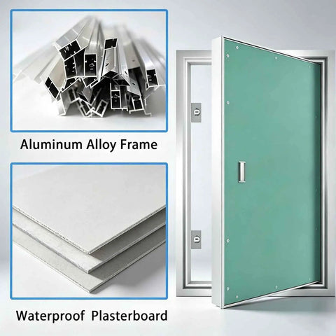 Sturdy Aluminum Alloy Recessed Drywall Access Panel Featuring Slick Flush Mount No Sweat Paint Match Seamless Ceiling Blend Easy Lift Handle with aluminum frame and waterproof plasterboard.