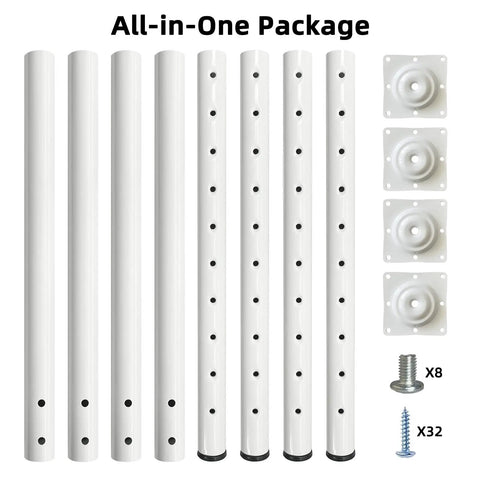 Heavy Duty Adjustable Table Legs 24 To 40 Inch Metal Base With Twist Adjust Leveling Pads Set Of 4 white steel legs with mounting hardware.