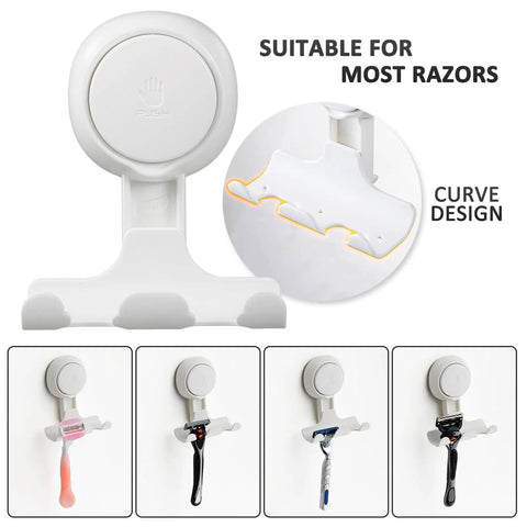 Close-up of Two Pack Shower Razor Holder With Strong Suction Cup Hooks For Towel Loofah Razor Squeegee Damage Free Wall Mounts Easy To Install And Reuse In White Today. Display of razor holders with razors.