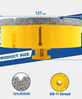 Diamond Core Drill Bit 5 Inch 127mm With Five Eighths By Eleven Thread Vacuum Brazed For Dry Drilling Porcelain Tile