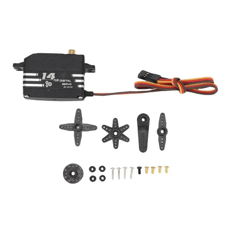 Heavy Duty Digital Servo Motor Packing Big Time 14 Kg Torque For Quick Response Rc Cars Boats And Robot Projects Featuring Dead Straight Accuracy And Rocksteady Reliability One Piece with connectors and accessories.