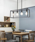 4 Light Industrial Open Frame Rectangle Pendant Lighting For Kitchen Island And Dining Room In Dope Black Finish With Adjustable Stems And Cage Design Perfect For Farmhouse Cafe Bar And Restaurant Ambiance over dining table