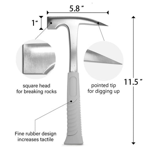 Rock Hounding Kit With 22 Oz Hammer And 3 Chisels Set Dope Musette Bag Jeweler Loupe And Gloves For Gold Prospecting, hammer detail