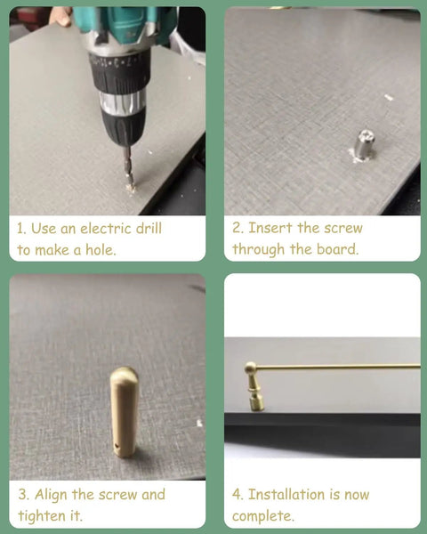 Installation steps for Heavy Duty Brass Shelf Rails 2 Pack With Tipping Spindles For Bookcase Shelves in 4 images.