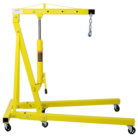 Heavy Duty 2 Ton Folding Engine Hoist And Shop Crane Cherry Picker with hydraulic ram and yellow powder coating.