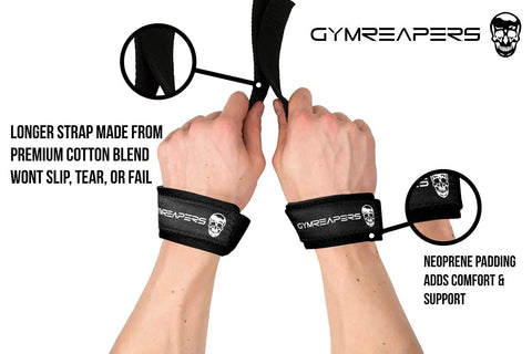 Sick Grip Black Cotton Lifting Wrist Straps featuring hella padded neoprene cuffs for heavy deadlifts and powerlifting showing durable design.