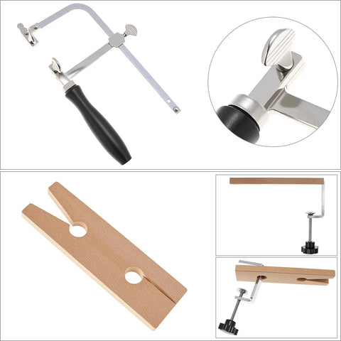 Badass Jeweler Toolkit Featuring Tough Saw Frame With 144 Cutting Blades Sturdy Bench Pin Clamp for jewelry crafting.