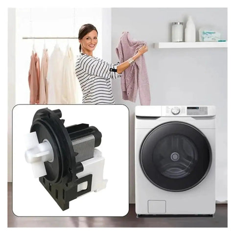 Heavy Duty Washer Drain Pump Motor Assembly with water discharge functionality, suitable for top loading machines, showcased with laundry.