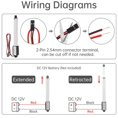 Wiring diagram for Go-To 12V Mini Linear Actuator with 50mm stroke, 15mm/s speed, illustrating extended and retracted positions.