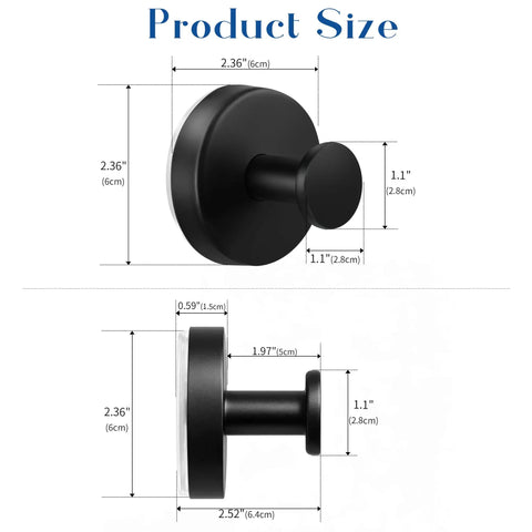 Total Game Changer For Your Washroom Matte Black 6 Pack Suction Hooks With Heavy Duty Grip To Hang Tough Towels And Gear No Drilling Mess Free Setup On Glass Smooth Tile Surfaces size dimensions diagram showing 6 cm, 2.52 in, and 1.1 in measurements.