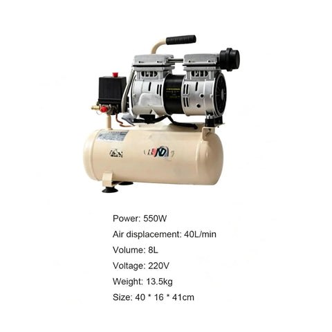 Heavy Duty 550W Silent Air Compressor With 8 Gallon Tank, oil-free industrial pump for garage and shop use.