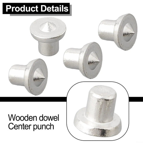 Close-up of Pro Grade 4 Piece Dowel Center Point Set for Woodworking with steel tenon marker pins for precise alignment