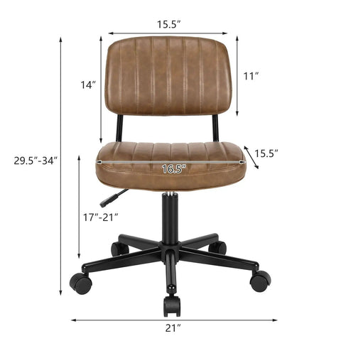 Slick Armless Desk Chair With Easy Glide Wheels, Top Tier PU Leather Task Seat in brown color with dimensions 17-21 inches height.