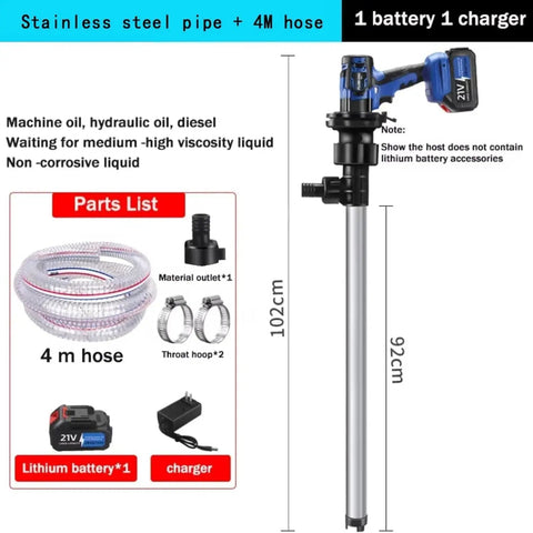 NytfHms Cordless Electric Drum Pump For Diesel Fuel Transfer With 4M Hose Stainless Steel And Aluminum Tubes Portable Liquid Transfer Solution For Oil And Chemicals High Flow Rate Barrel Pump with stainless steel pipe and 4M hose.